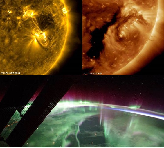Collage of solar flares and Northern Lights